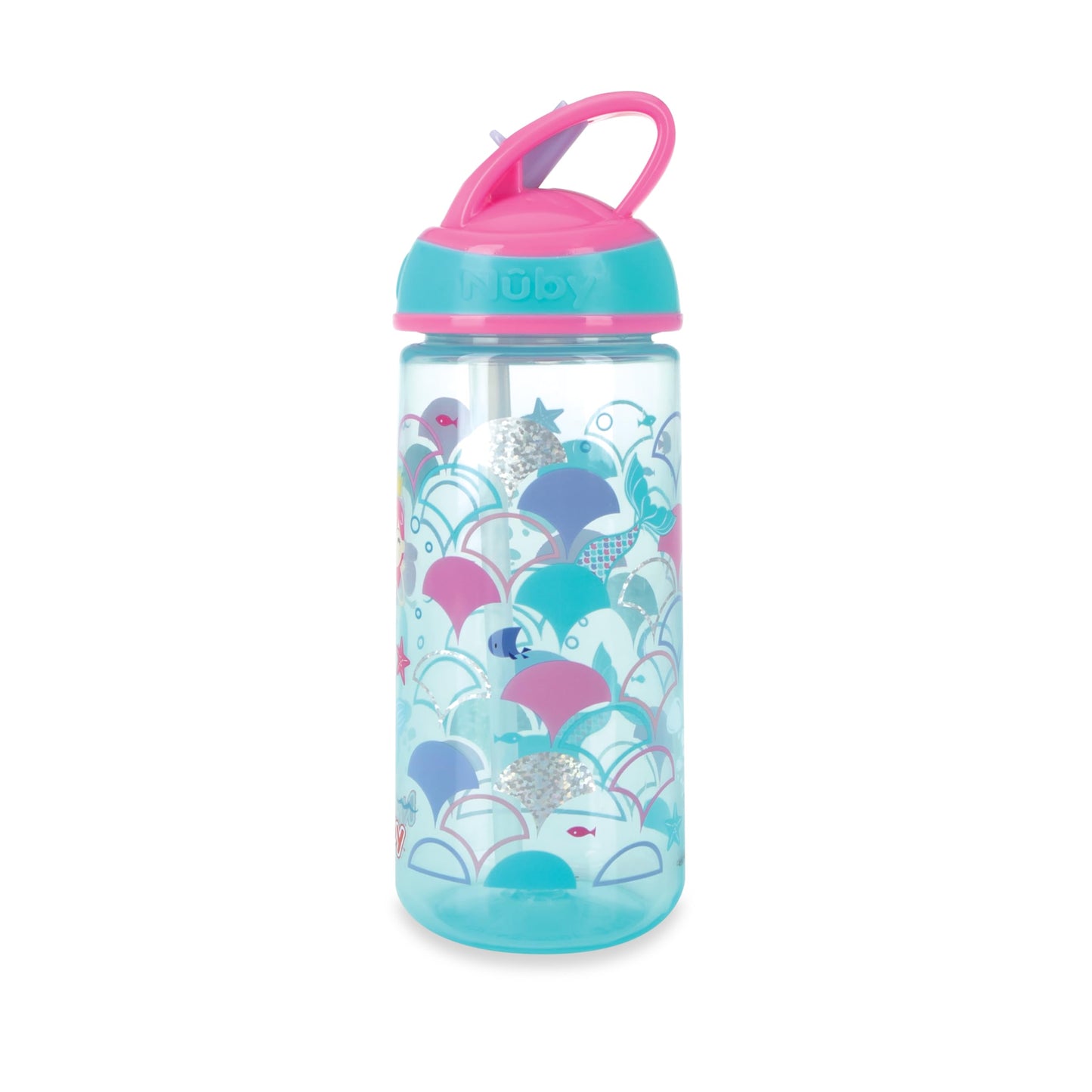 Nuby 2 Pack Iridescent Pp Flip-It Kids On-The-Go Printed Water Bottle With Bite Proof Hard Straw - 18Oz / 540 Ml, 18+ Months, 2