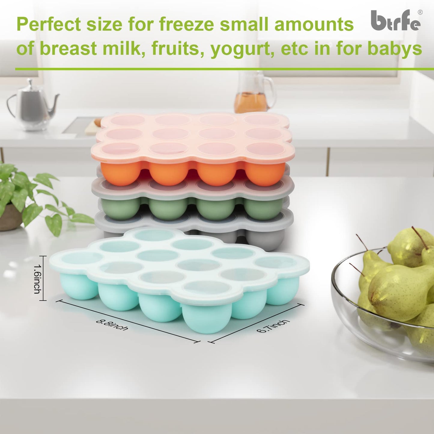 Btrfe Baby Food Storage Container - 1.5Oz X 12 Pods Silicone Freezer Tray With Lid For Homemade Baby Food, Fruit Purees, Vegetab