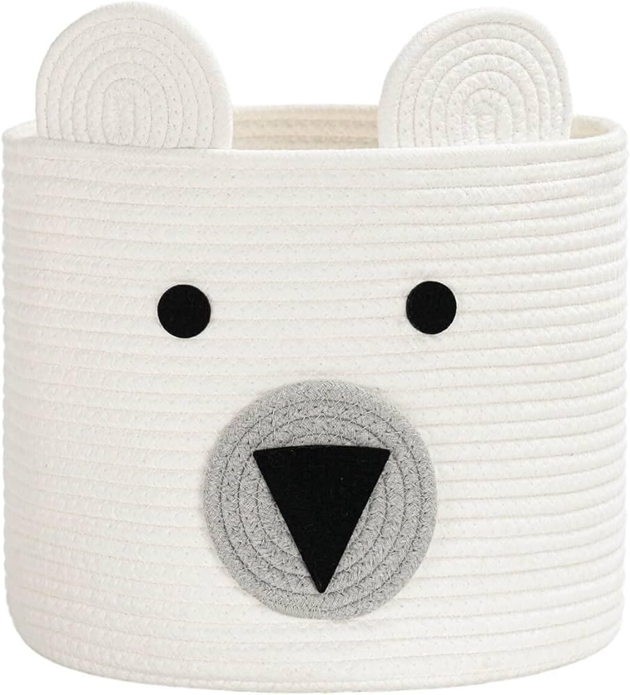 DOLCE CASA Kids Lid Basket White Pandda Rope Storage Basket For Baby Diaper, Stuffed Animal Storage Bin, Baby Laundry Basket