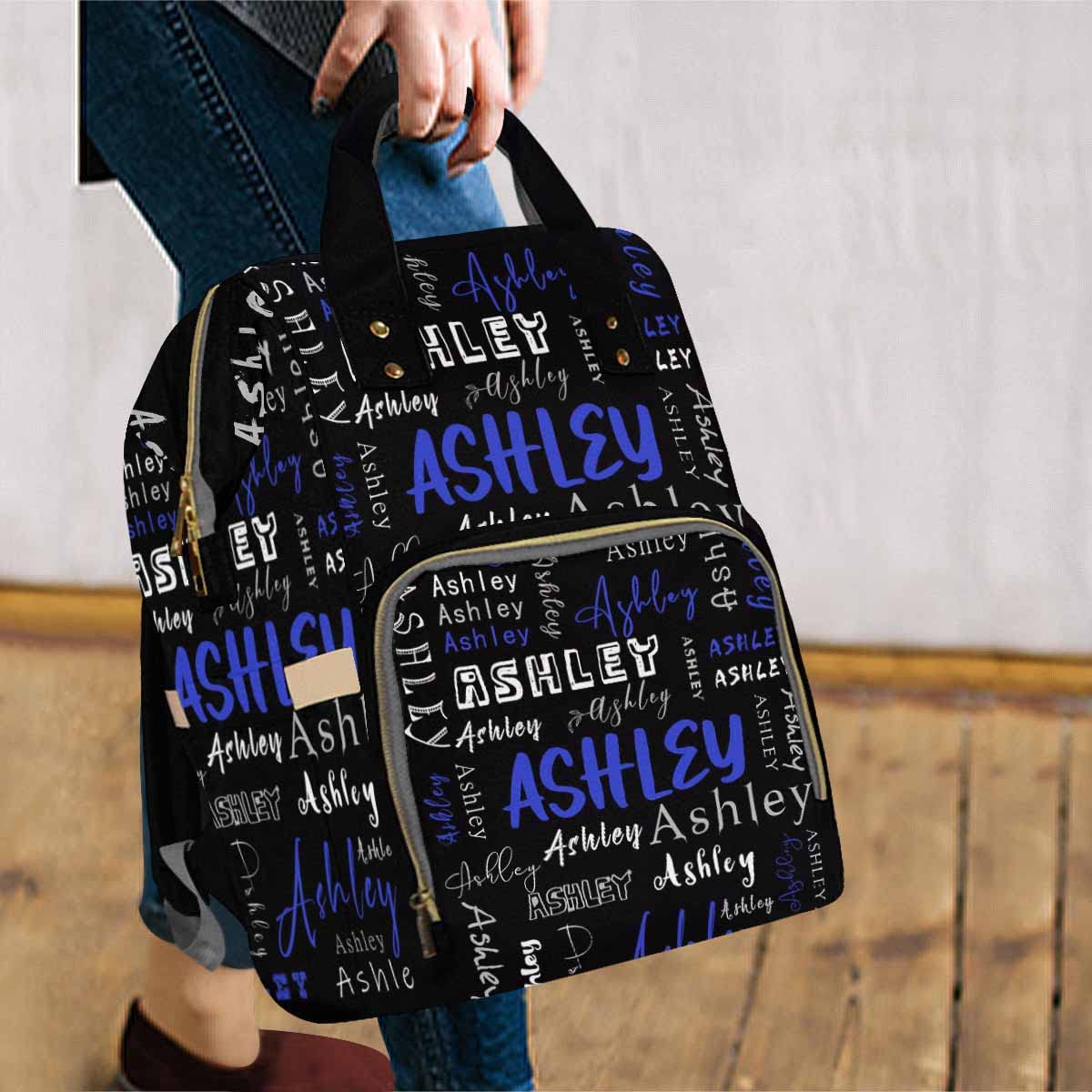 Artsadd Personalized Diaper Bag Backpack With Name, Customized Blue And White Nappy Backpack With Thermal Pockets Multifunction