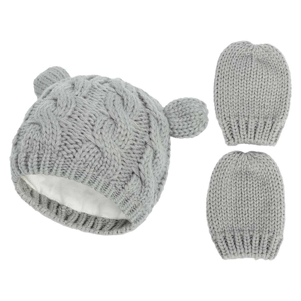 Fynnsure Baby Hat Glove Set Soft Newborn Mittens Baby Girl Boys Knitted Toddler Cap Infant Winter Beanie Mitten Sets Gray S