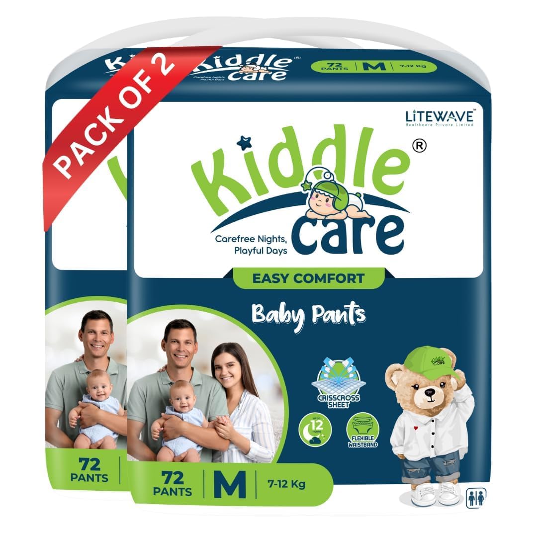 Kiddle Care Easy Comfort Baby Diapers Pants | Medium (M) | Pack Of 2 | 144 Pieces | 712 Kg | Breathable Fit With Up To 12 Hours