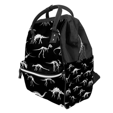Gactivity Black And White Dinosaur Skeleton Diaper Bag Travel Backpack Large Capacity Multi-Function Zipper Casual Travel Backpa