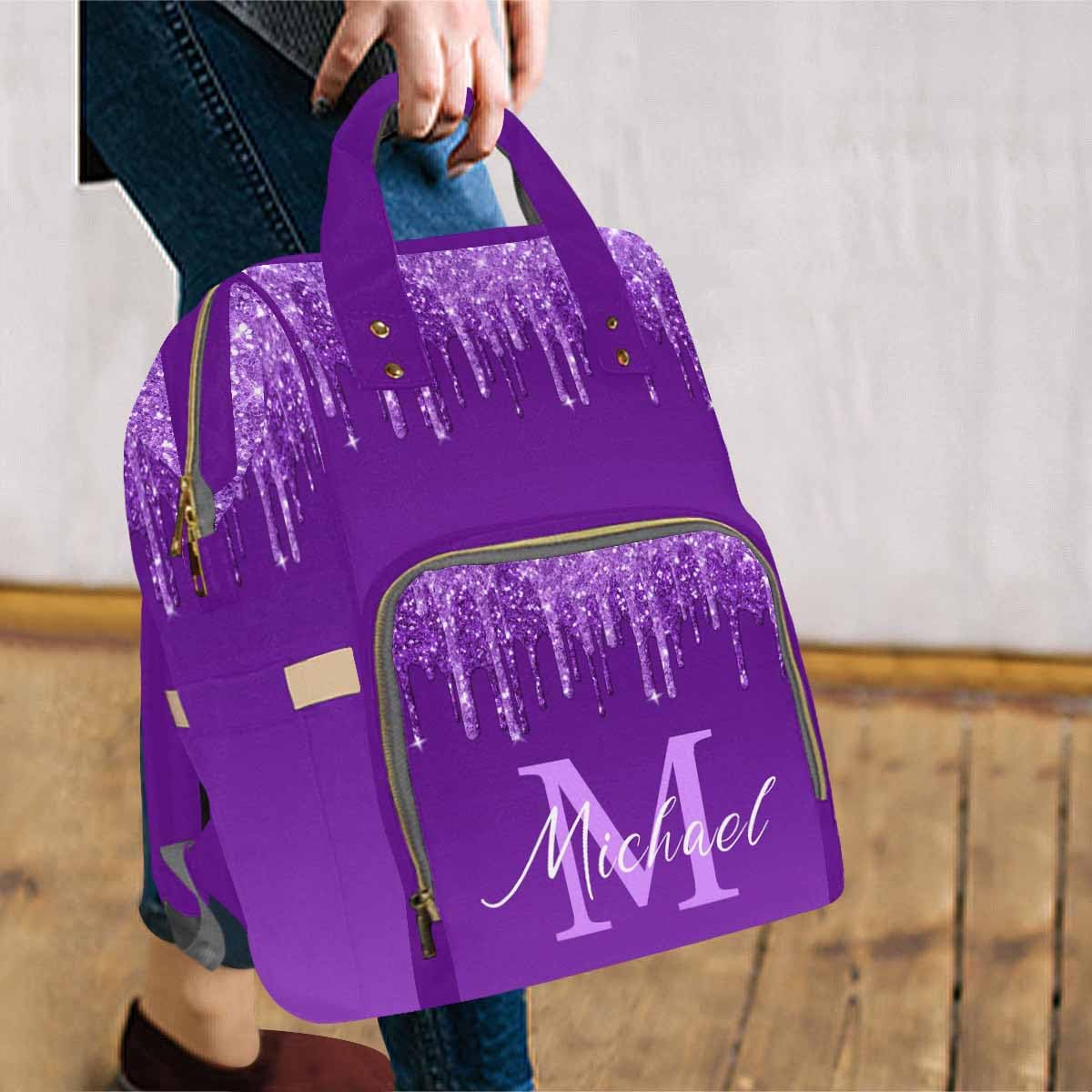 Artsadd Custom Diaper Bag For Mom, Customized Purple Glitter Print Tote Bag For Women Personalized Mommy Nursing Bags Nappy Casu