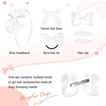 Deeka White Hair Accessories Set - 15 Pieces Uniform Bows, Clips, Headband, And Ties For Little Toddler Girls