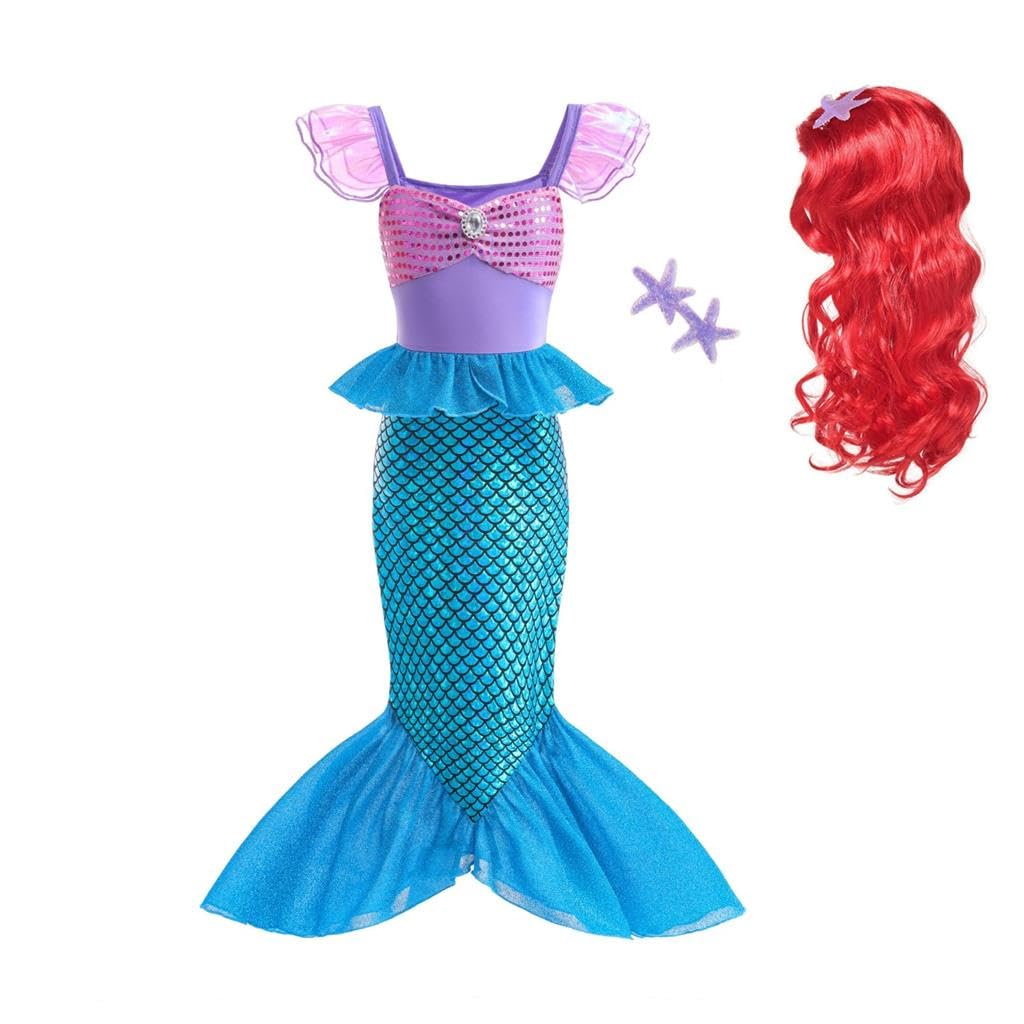 Dressy Daisy Shimmery Princess Mermaid Tail Fancy Dress Birthday Party Costume with Hair Wig for Toddler Girls Size 2T