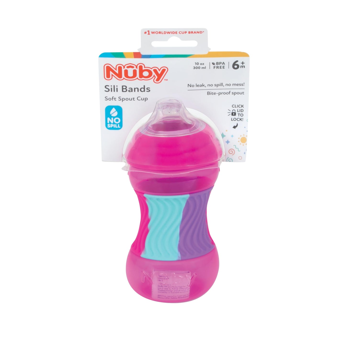 Nuby No Spill Sili Bands 10Oz Soft Spout Cup With Textured Easy Grip Silicone Band - Pink