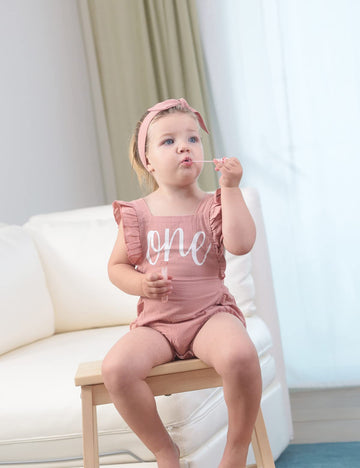 Shalofer Baby Girls One Year Old Outfits First Birthday Romper Cute Backless Ruffles Jumpsuit With Headband (Pink,18-24 Months)