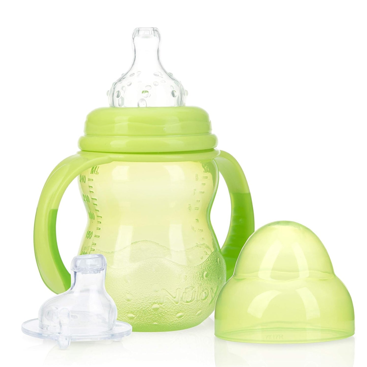 Nuby 3-Stage Wide Neck No Spill Bottle With Handles And Non-Drip Juice Spout, 3 Months, 8 Ounce, 3 Count, (Blue/Green/Orange)