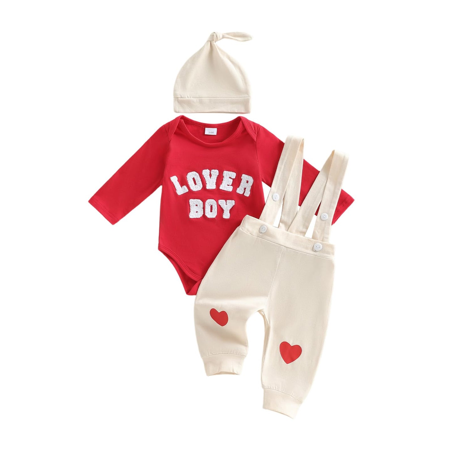 MERSARIPHY My First Valentines Baby Boy Outfit Lover Boy Embroidery Long Sleeve Romper Suspender Pants Newborn Clothes Set (Red,