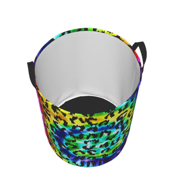 Gbuzozie Leopard Round Laundry Hamper Rainbow Tie Dye Storage Basket Toys Clothes Organizer Bin For Home Bathroom Bedroom Dorm N