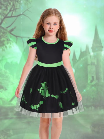 Marendyee Black Witch Costume Girls Halloween Toddler Kids Tulle Dresses Flutter Sleeve (9-10 Years)