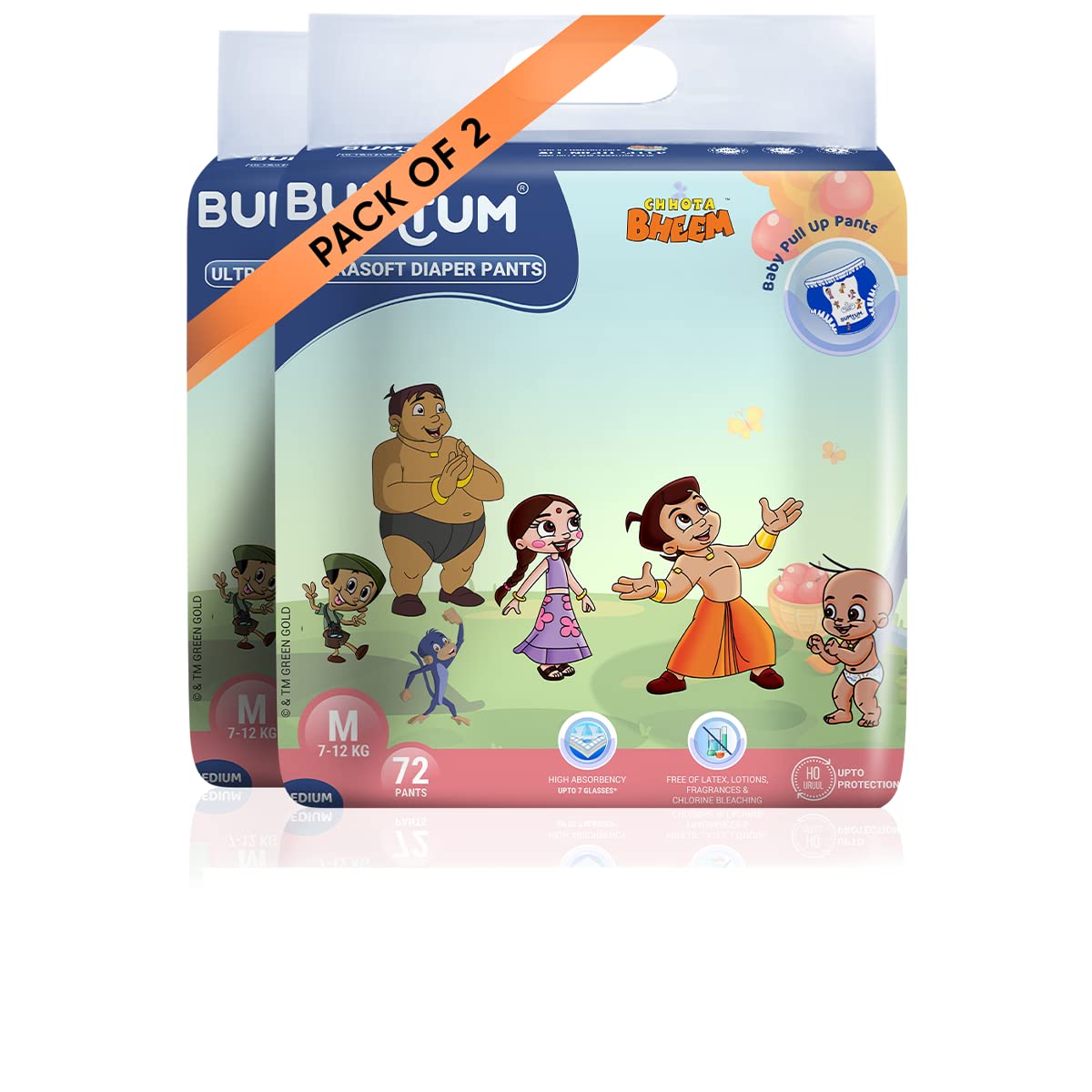 Bumtum Chota Bheem Baby Diapers | Pant Style Baby Diapers Medium Size, 144 Count | Double Layer Leakage Protection Infused With