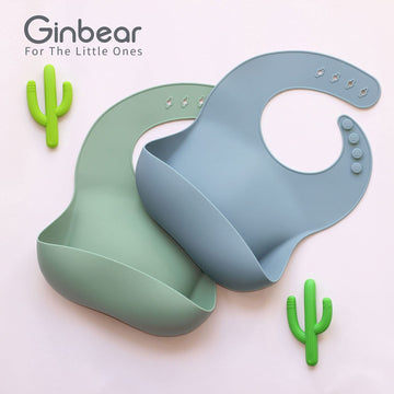 Ginbear Silicone Bibs For Babies Boy, Waterproof Adjustable Silicon Rubber Baby Feeding Bibs With Food Catcher Pocket For Toddle