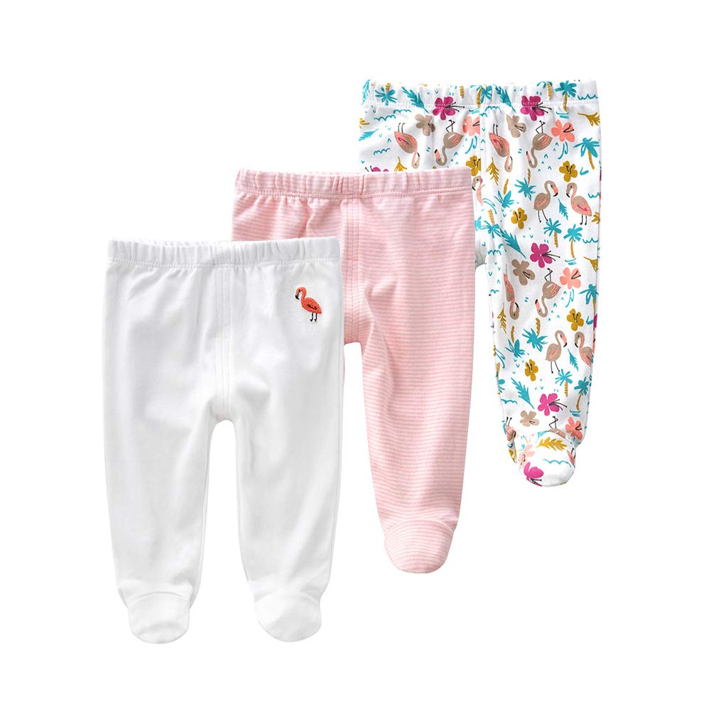 Teach Leanbh Newborn Baby 3 Pack Footed Pants Cotton Embroidery Pringting Casual Leggings 0-12 Months (0-3 Months, Flamingo)