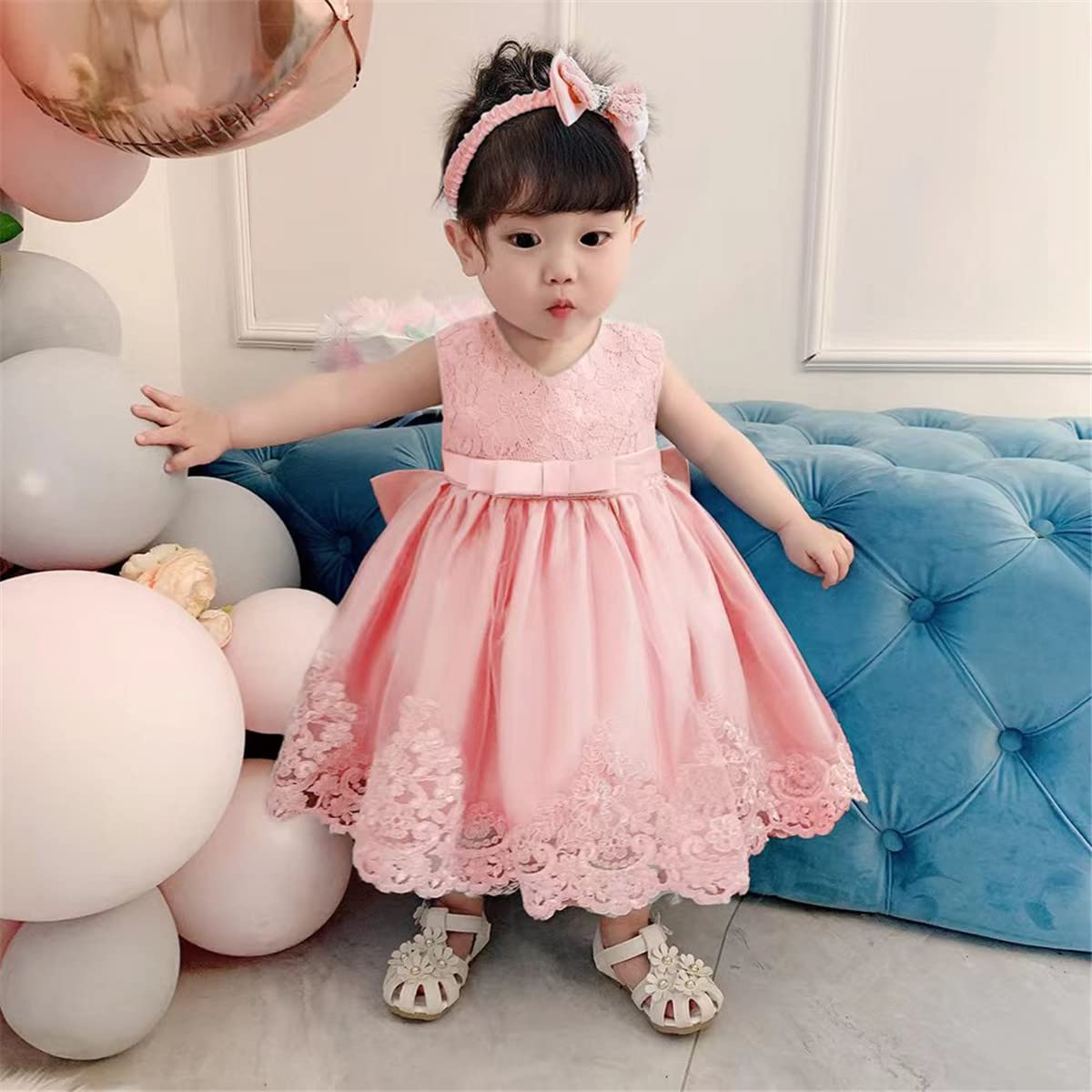 Baby Girls Christmas Embroidery Lace Dresses Infant Easter Halloween Wedding Formal Event Dress(Pink02,24M)