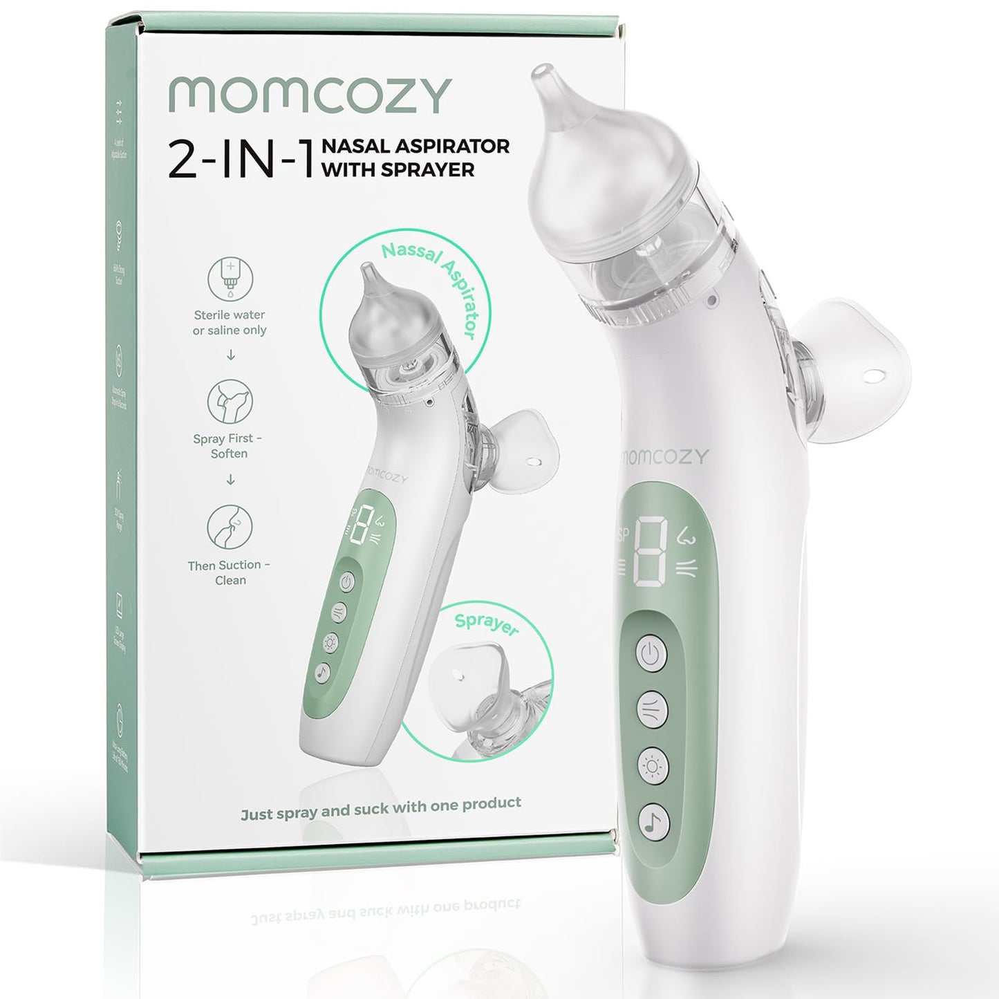 Momcozy Nasal Aspirator for Baby, Innovative 2-in-1 Electric Nose Suction with Spray, 65kPa Nose Sucker with 4 Adjustable Suctio