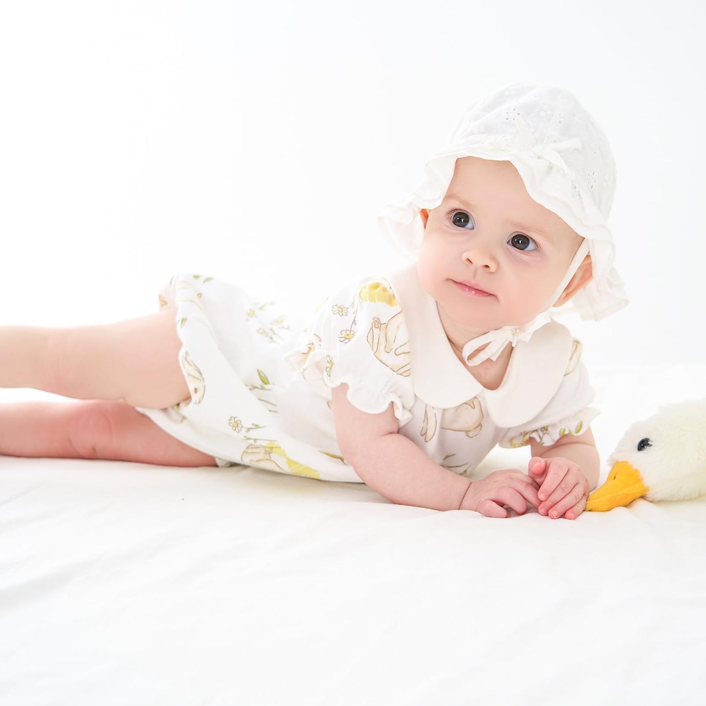 Pureborn Baby Girls Bodysuit Peter Pan Collar Bubble Romper Easter Short Sleeve One-Piece Cotton Outfit Field Rabbit 0-3 Months