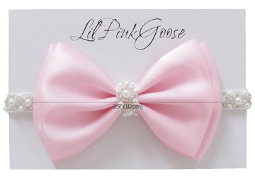 0-12 Newborn Baby Baptism Pearl Headband With Bow In White Christening Headband With Satin Bow, Pearl Rhinestone Band (Pink(0-3M