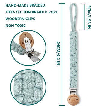 Kapihouse Pacifier Clip For Boy 9.2 Inch Pacifier Leashes Woodern Clips Teething Toy With Handmade Braided Cotton Modern Unisex