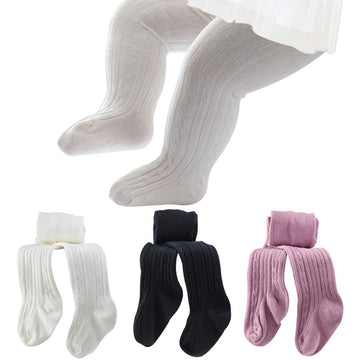 Techcity Baby Girls Tights Toddler Seamless Leggings Cable Knit Cotton Pants Stockings (Pack Of 3) (3 Pack Black White Purple, 1