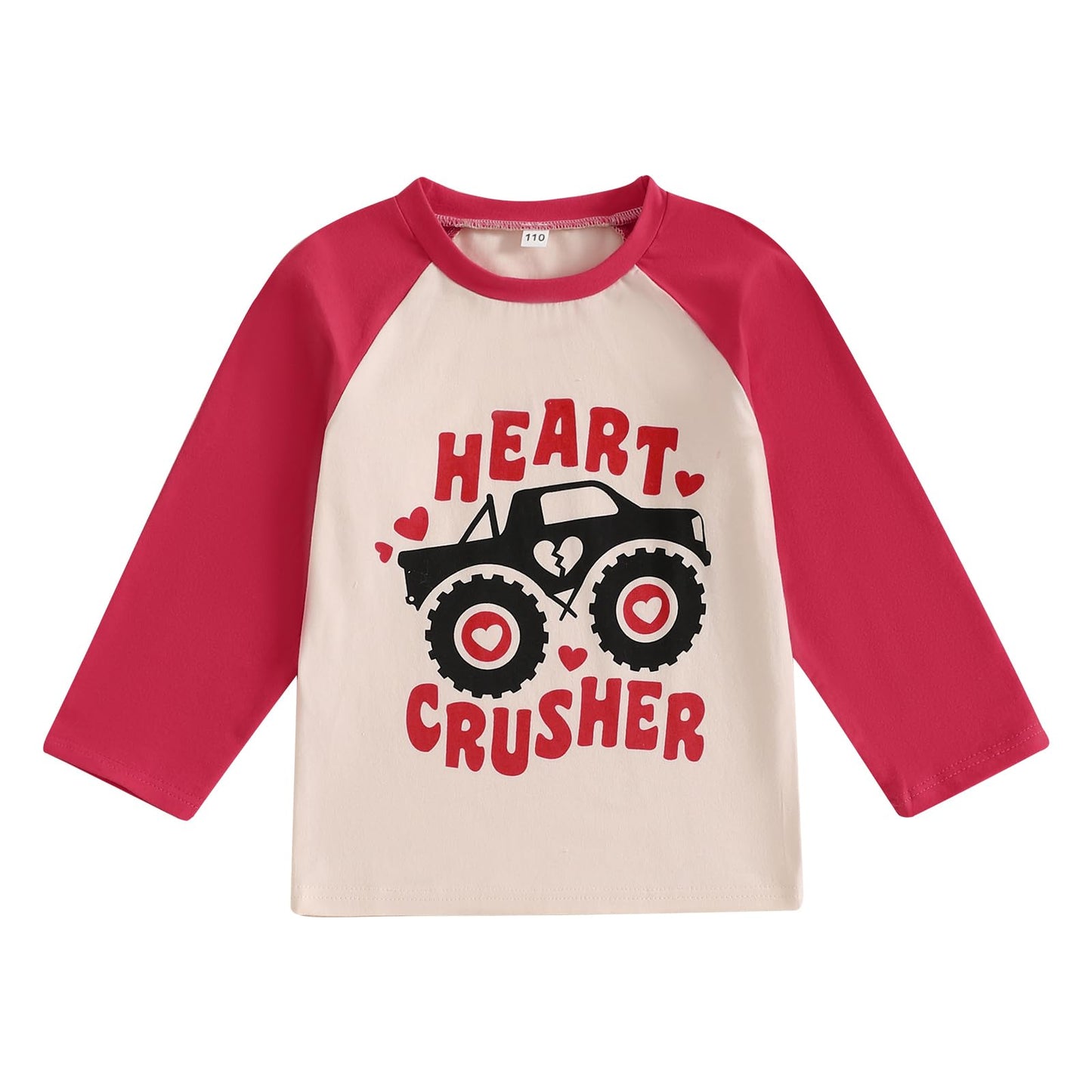 Canis Toddler Baby Boys Girls Valentines Day Shirt Monster Truck Loved Heart Graphic Tee Raglan Long Sleeve Top (Red Heart Crush