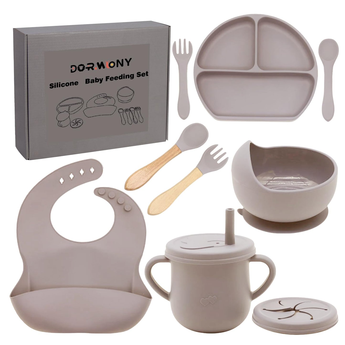 Dormlony 100% Silicone Baby Feeding Set, BPA Free, 9 Pcs: Suction Bowl, Divided Plate, Toddler Self Feeding Dish Set with Spoons