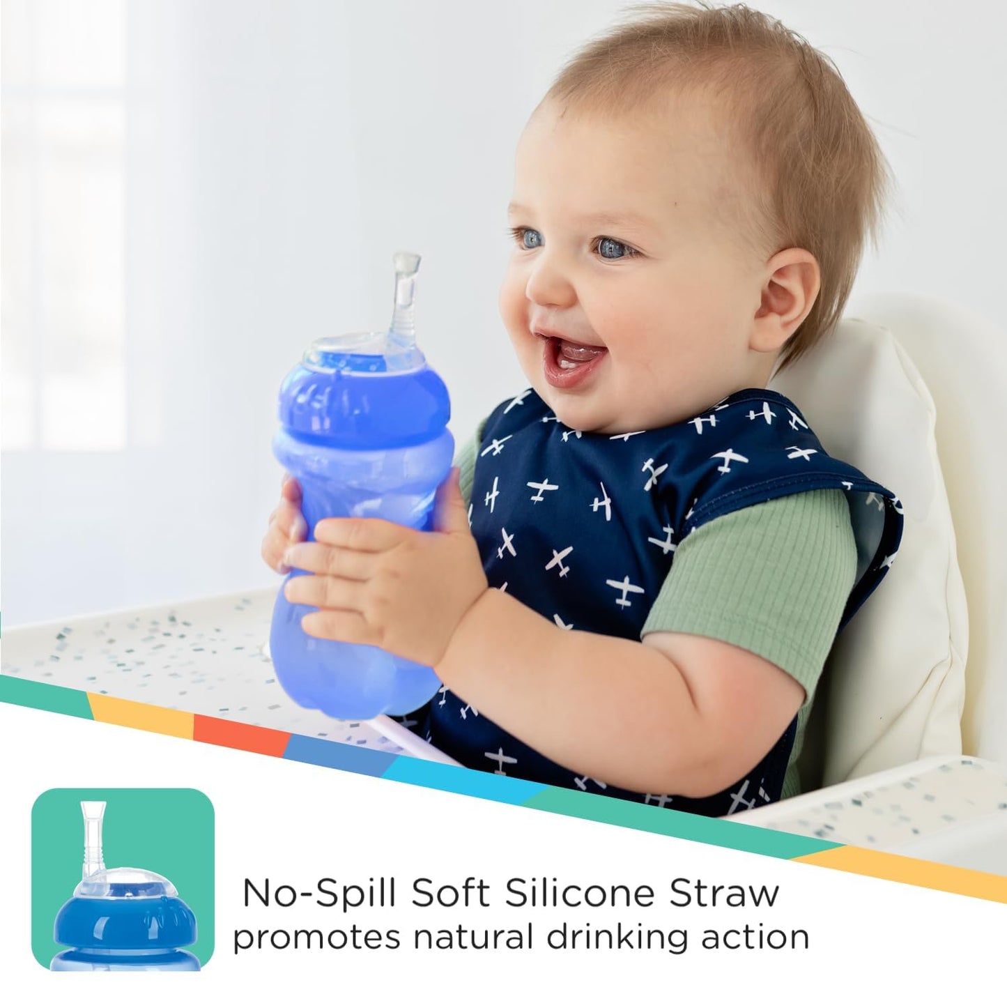 Nuby 3 Pack No Spill Flex Straw Toddler Sippy Cups - Toddler Cups Spill Proof With Easy And Firm Grip - Toddlers Cups - Green, B