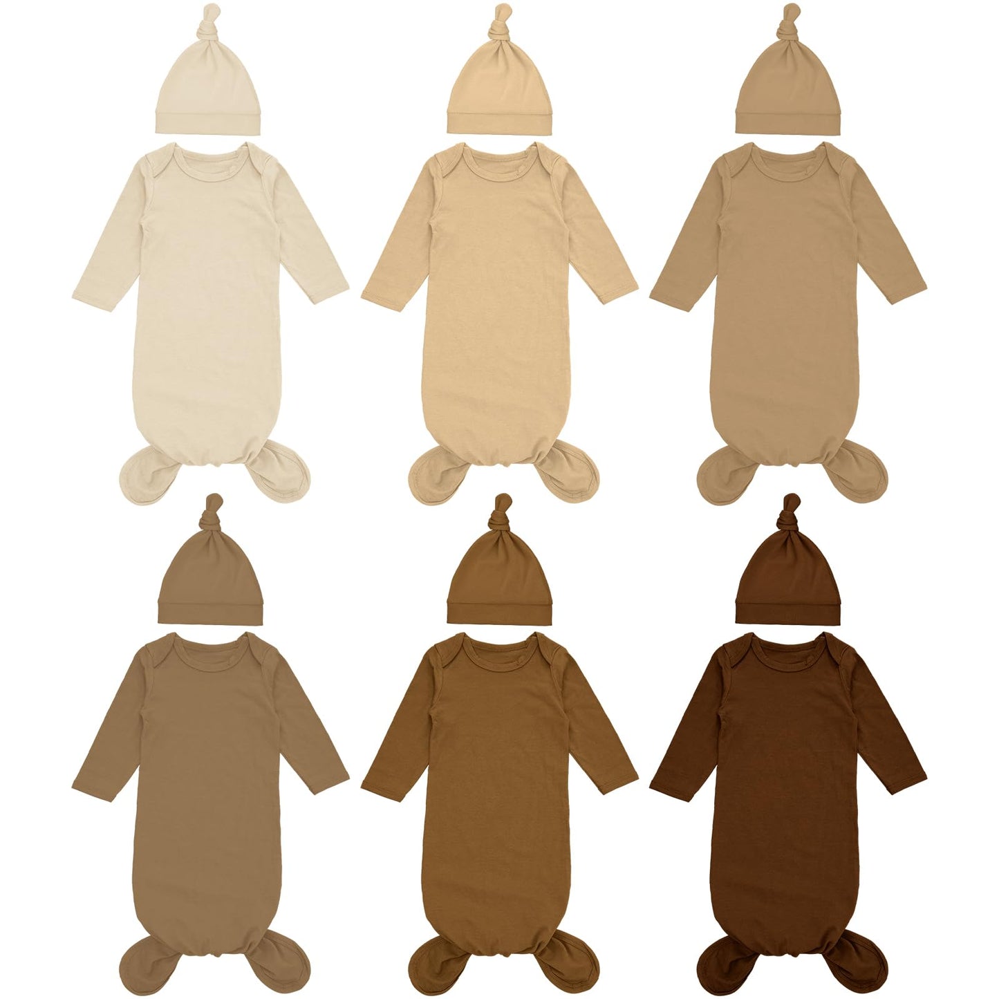 Cuffbow 6 Packs Newborn Baby Knotted Gowns Set 0-6 Months Cotton Sleeper Long Sleeve Nightgown and Hat Set for Infant Baby (Mail