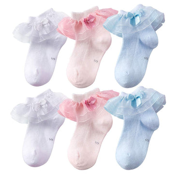 Looching Baby Toddlers Girls White Cotton Princess Style Ruffles Lace Top Frilly Mesh Socks With Bowknot Pack Of 6 (2 White+2 Pi