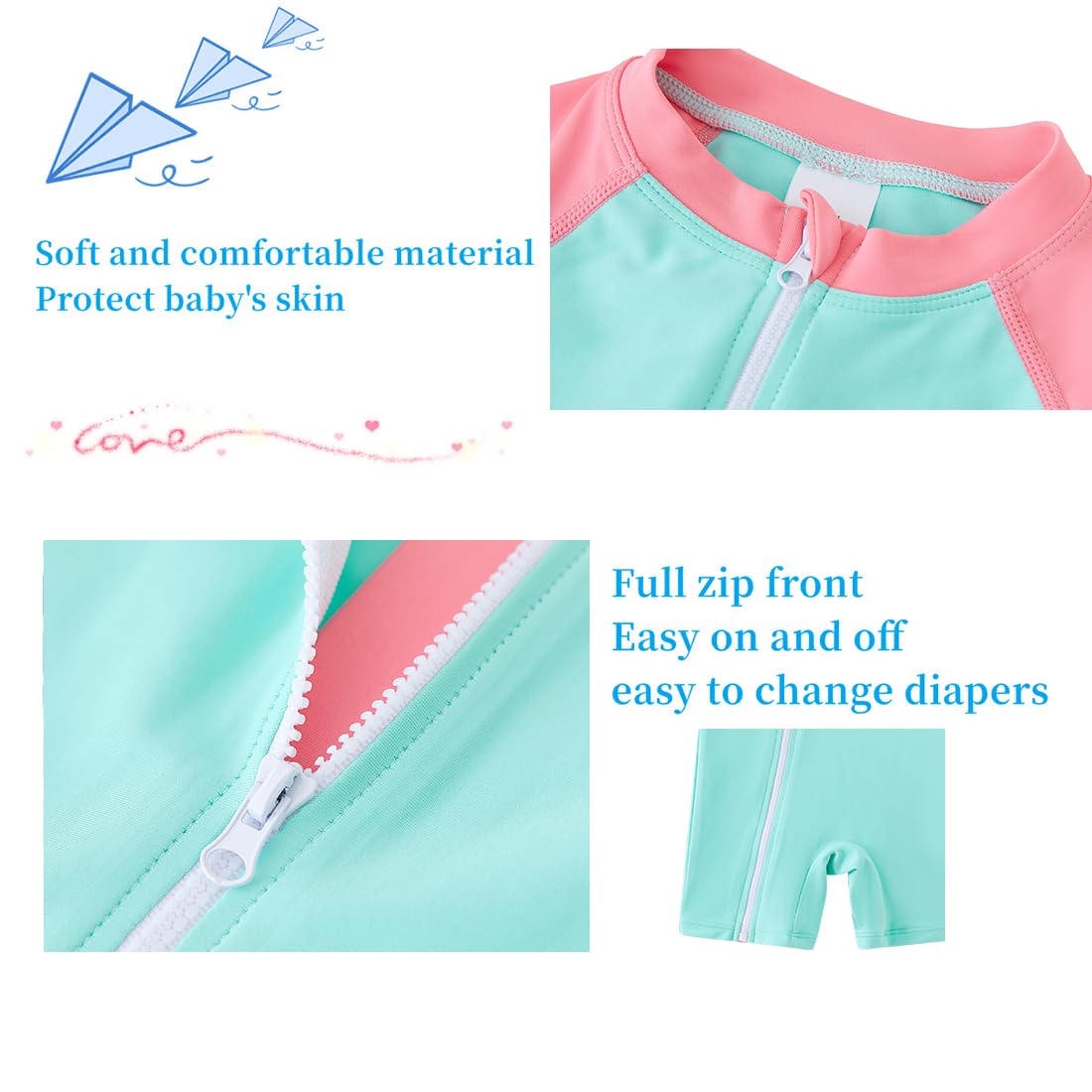 Umelok Infant Swimwear Girls One Piece Full Zip With Long Sleeve Upf 50+ Sun Protection Swimsuit Pink Green,3M