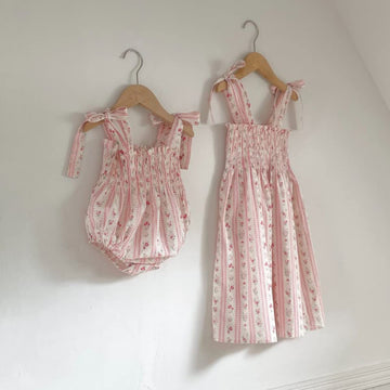 Tibe Pincess Baby Girls Rompers Dress Toddler Strap Smocked Summer Floral Boho Maxi Dresses Matching Outfits Sisters Dress Size