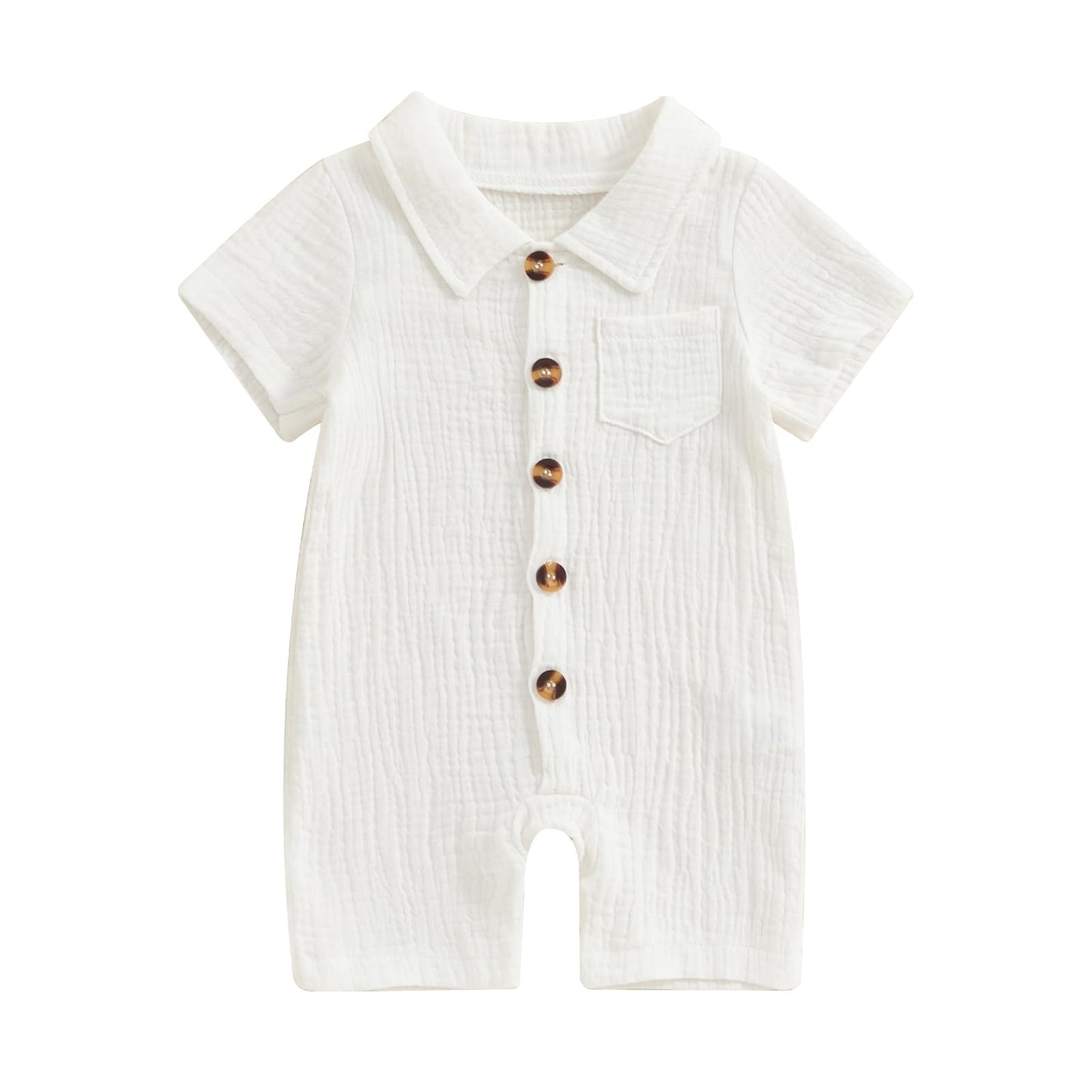 Honganda Summer Baby Boy Cotton Linen Jumpsuit Short Sleeve Button Down Playsuit Romper One Piece Outfit 0-24M (White, 3-6 Month