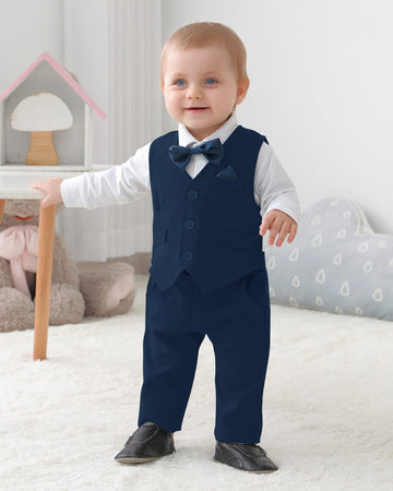 Disaur Baby Boy Clothes Toddler Boy Outfits, 4Pc Gentleman Dress Romper + Vest + Pants + Bow Tie Cotton Suit Set (Navy Blue,3-6