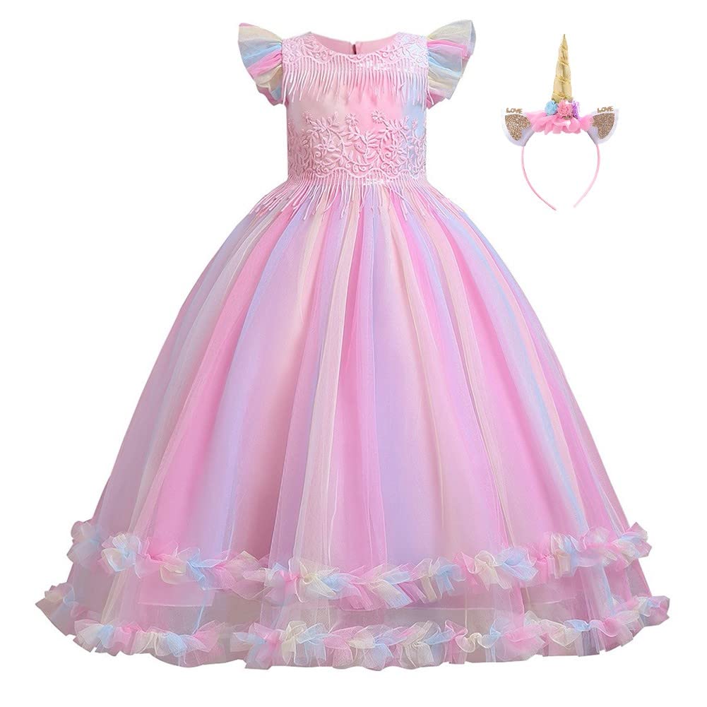 MYRISAM Unicorn Costume Princess Birthday Pageant Party Halloween Cosplay Christmas Rainbow Tulle Fancy Dresses w/Headband Pink