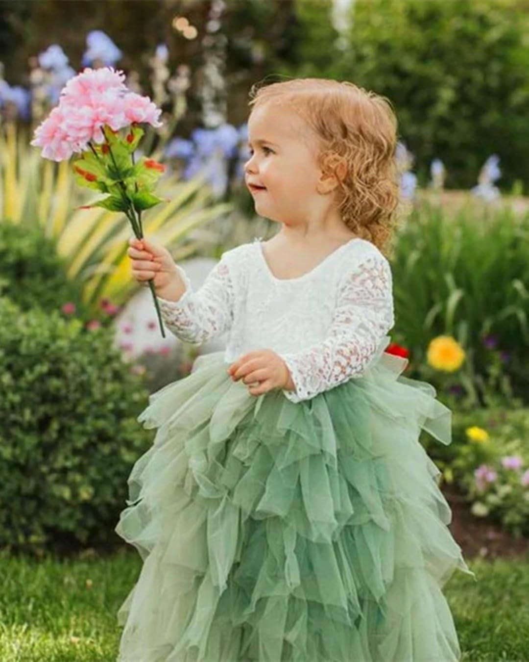 2Bunnies Girl Peony Lace Back A-Line Tiered Tutu Tulle Flower Girl Dress (Sage Sleeve Maxi, 7/8)