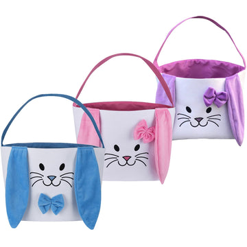 3Pcs Easter Bunny Basket For Kids- Canvas Cotton Carrying Gift And Eggs Hunt Bag, With Long Plush Ear Printed Rabbit Toys Bucket
