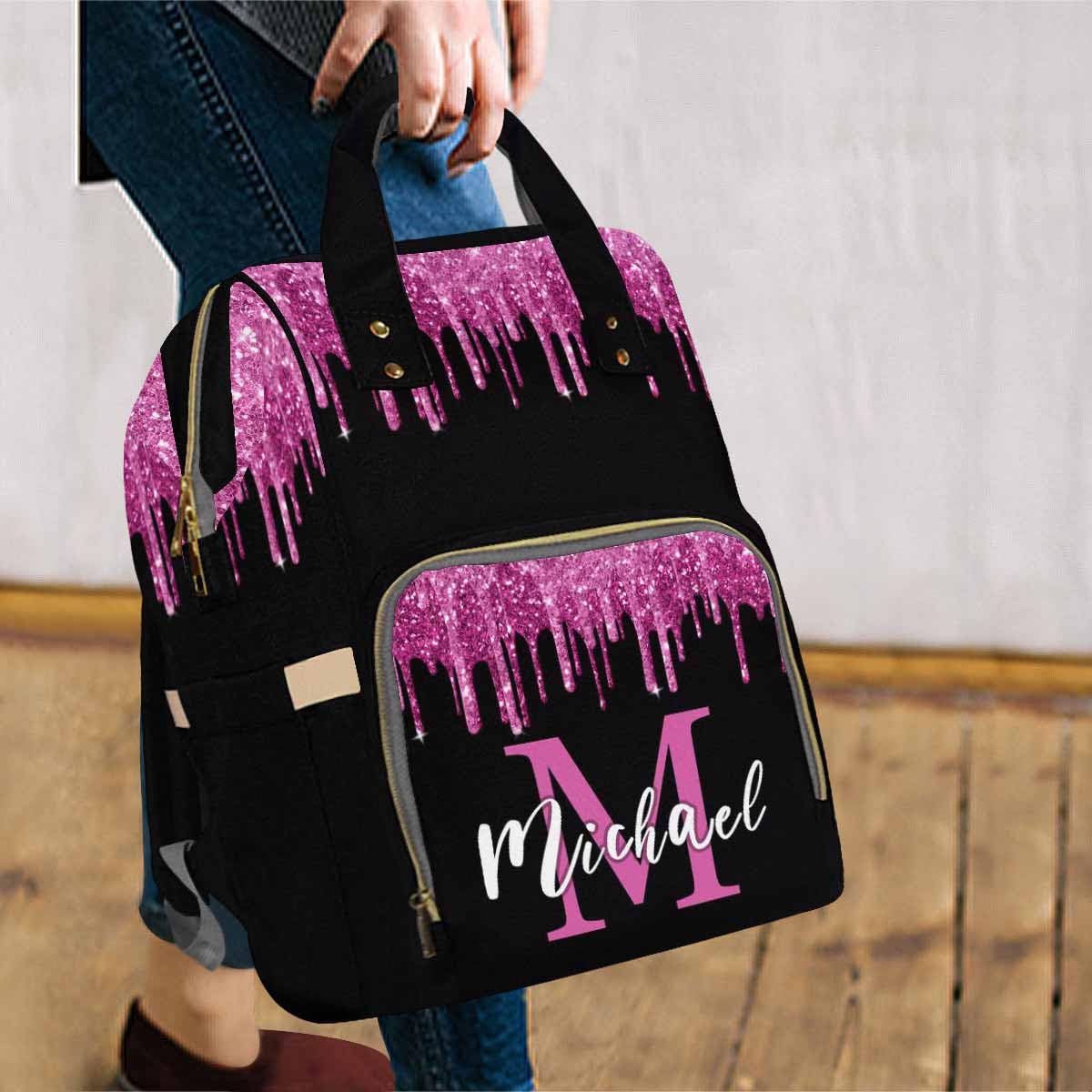 Artsadd Customized Diaper Bag With Name, Custom Pink And Black Diaper Backpack For Mom Personalized Mommy Nursing Bags Casual Ba
