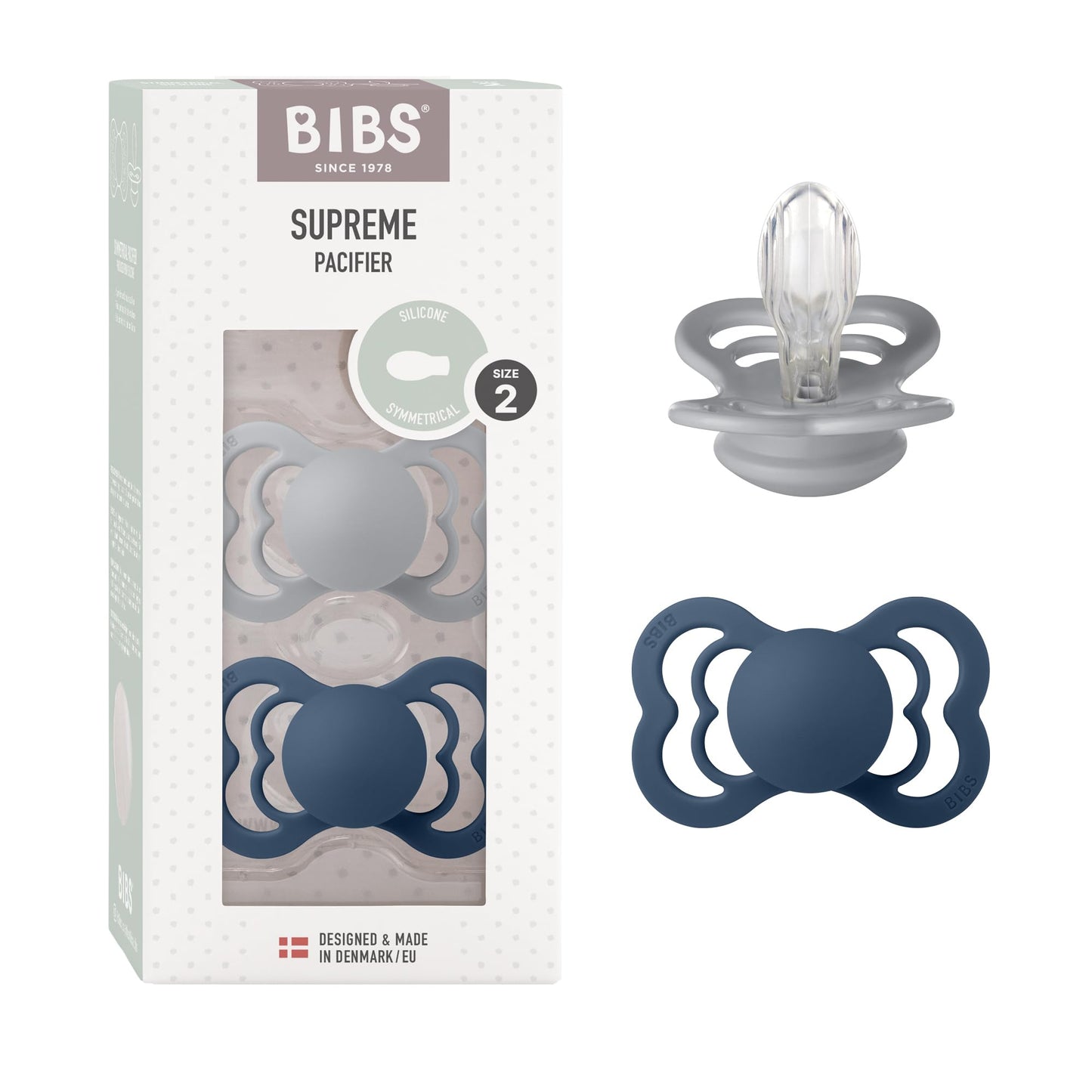 BIBS Supreme Baby Pacifier 2-Pack | Made in Denmark | BPA Free Dummy Soother, Symmetrical Nipple. Silicone, Size 2 (6-18 Months)