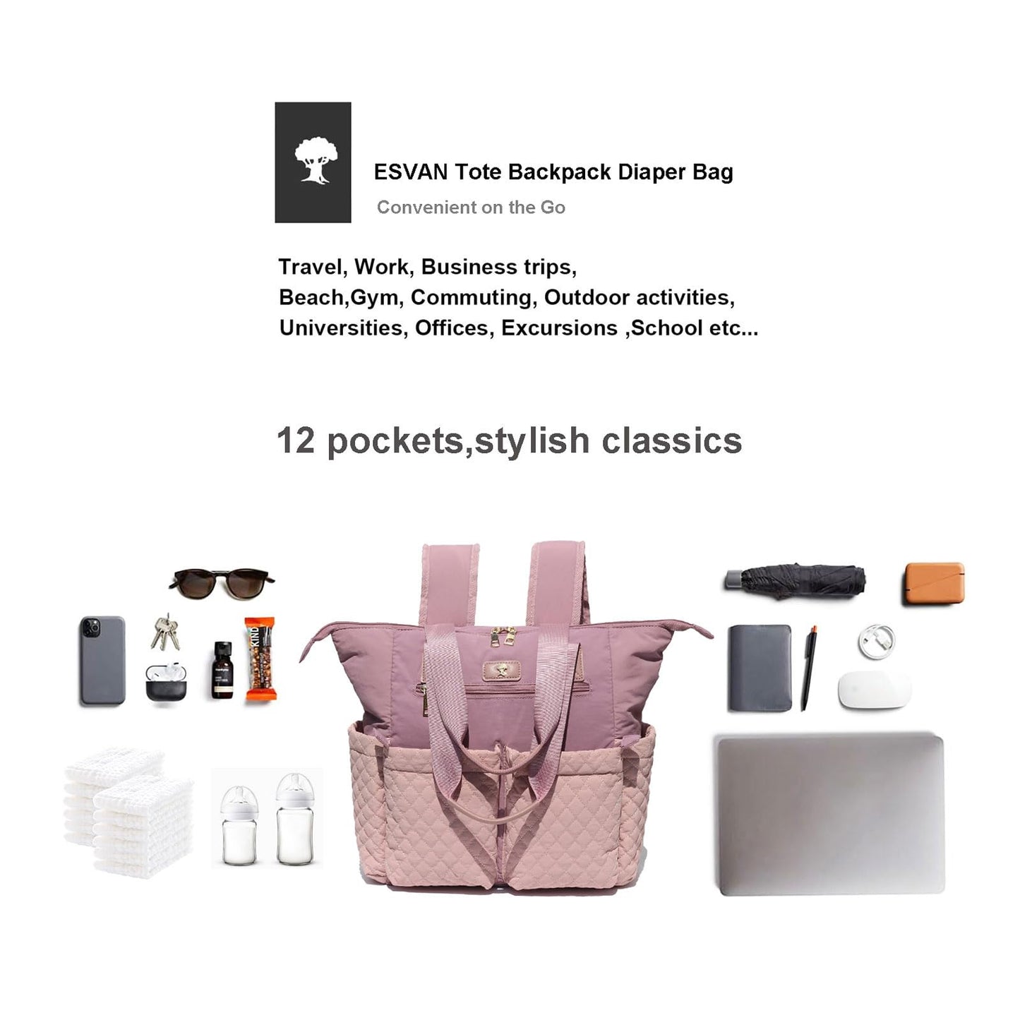 Esvan Diaper Tote Bag Totepack Backpack 2 In 1 For Women Multifunctional Large Capacity With Insulated Pockets Travel (Pink Purp