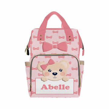 Artsadd Personalized Diaper Bag Backpack With Name, Customized Pink Bow Tie Nappy Backpack With Thermal Pockets Multifunction Sh