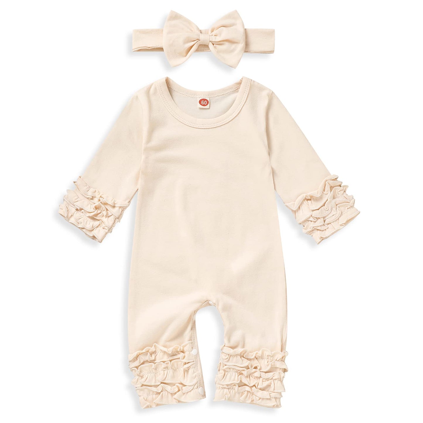 Grnshts Newborn Baby Girls Ruffle Romper Solid Long Sleeve Jumpsuit One-Piece Coming Home Outfits+Headband (Beige, 1-3 Months)