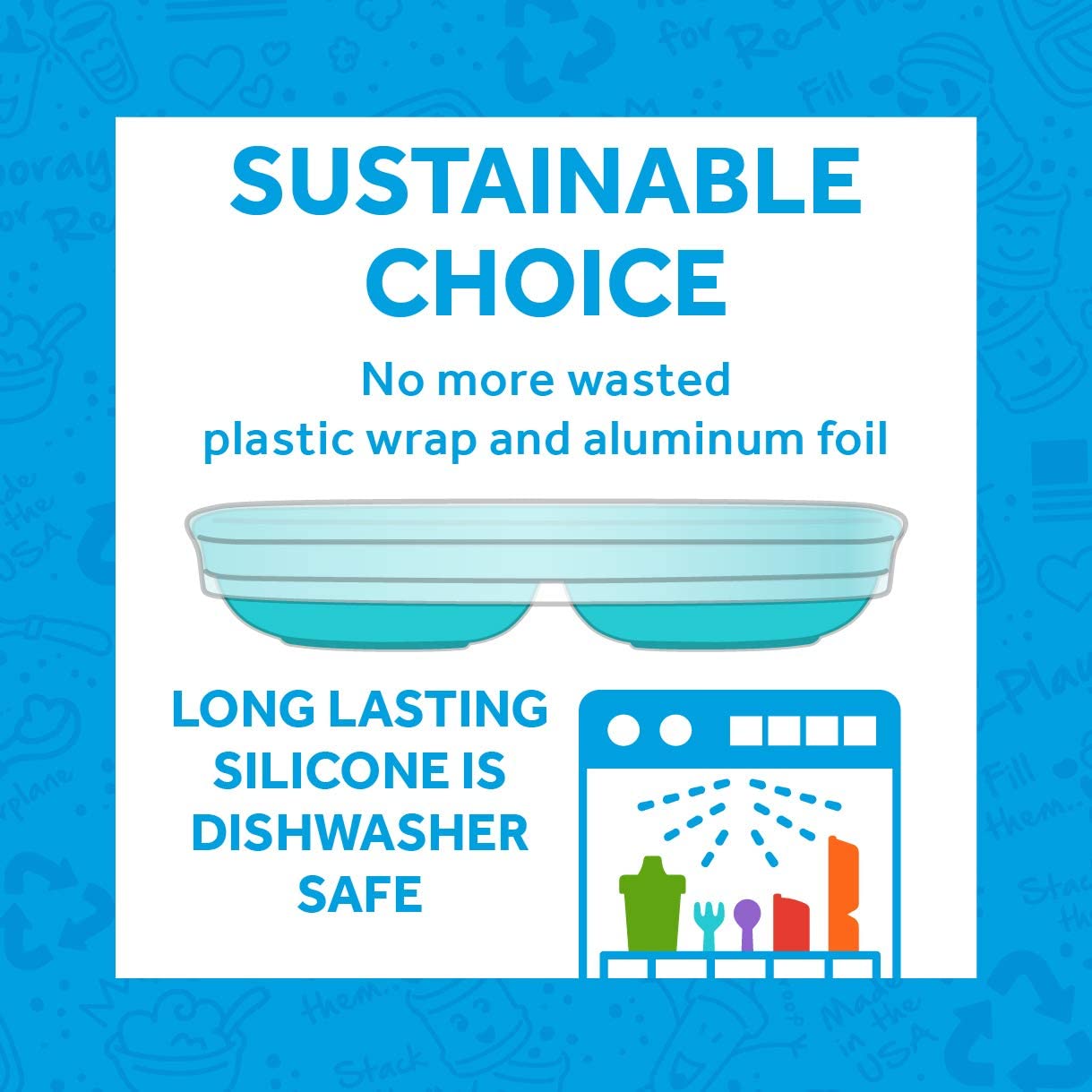 Re Play 7' Divided Plate With Silicone Lid 3 Pack - Made With Medical-Grade Platinum Silicone - 3 Plates + 3 Lids - Aqua Asst