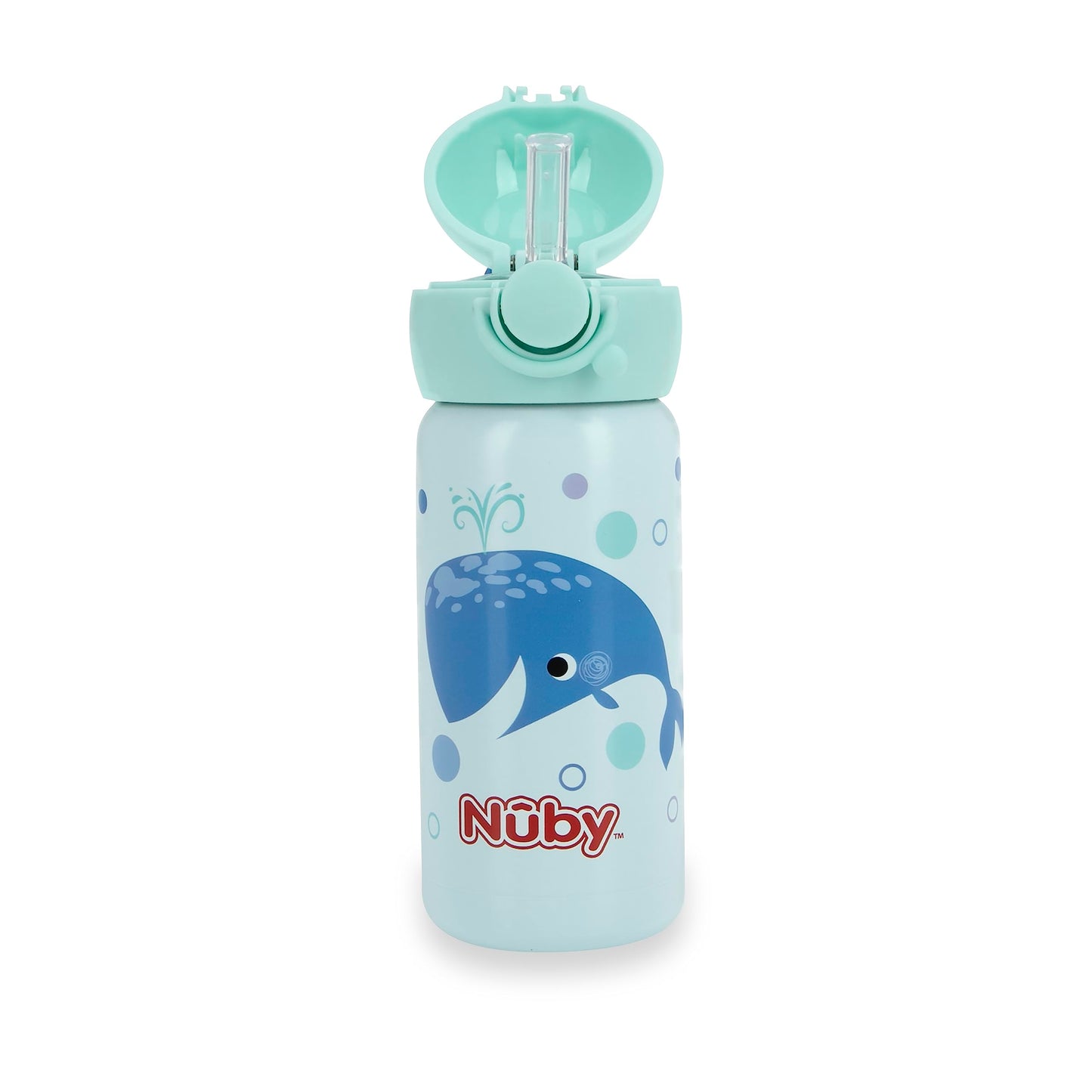 Nuby Thirsty Kids No Spill Flip-It Active Stainless Steel Travel Cup Or Water Bottle - 14 Oz - 18+ Months - Mint Whale