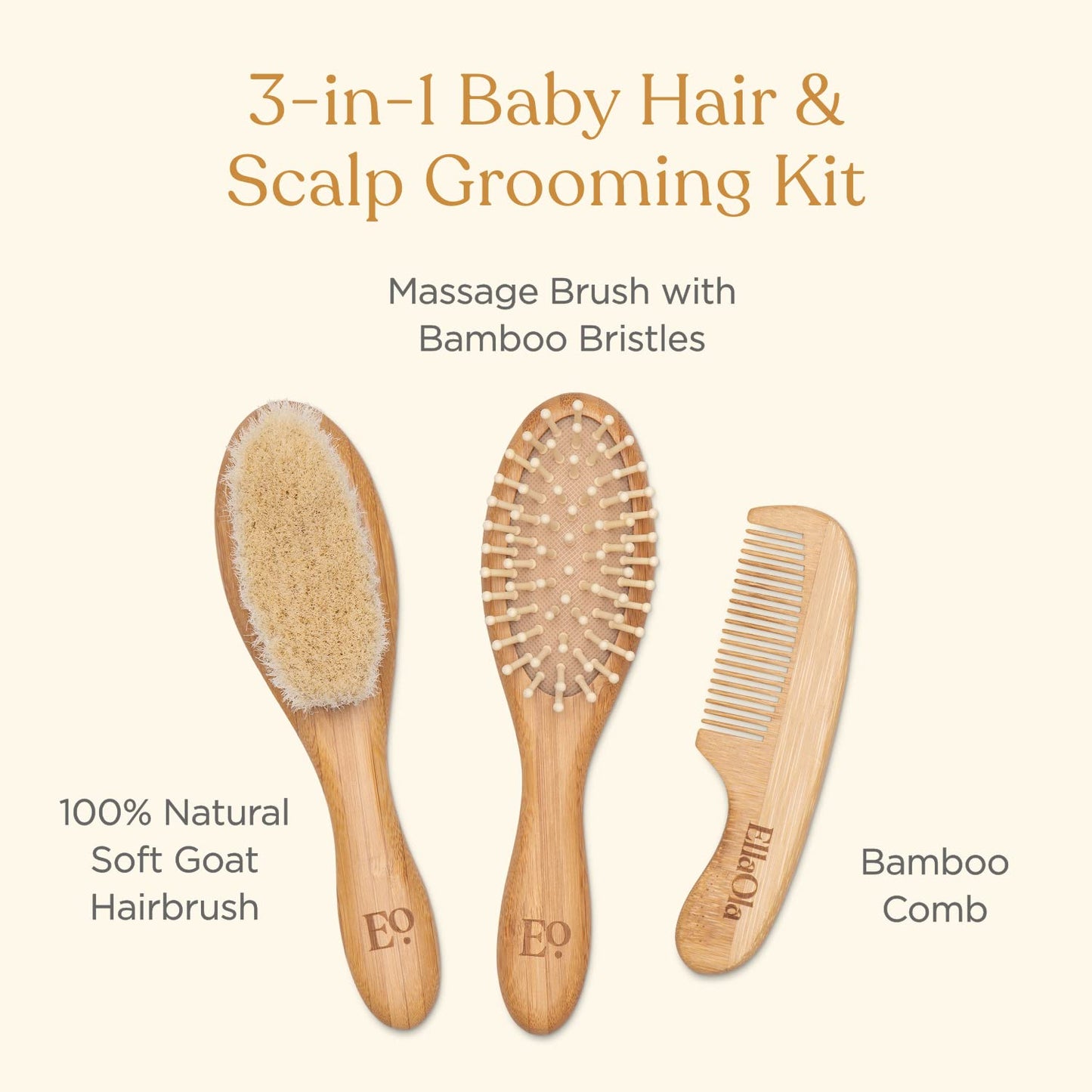 Ellaola Natural Bamboo Hair Brush & Comb Set, 3 Piece - Cradle Cap Brush, Massage Hair Brush, Bamboo Comb For Toddlers, Newborns