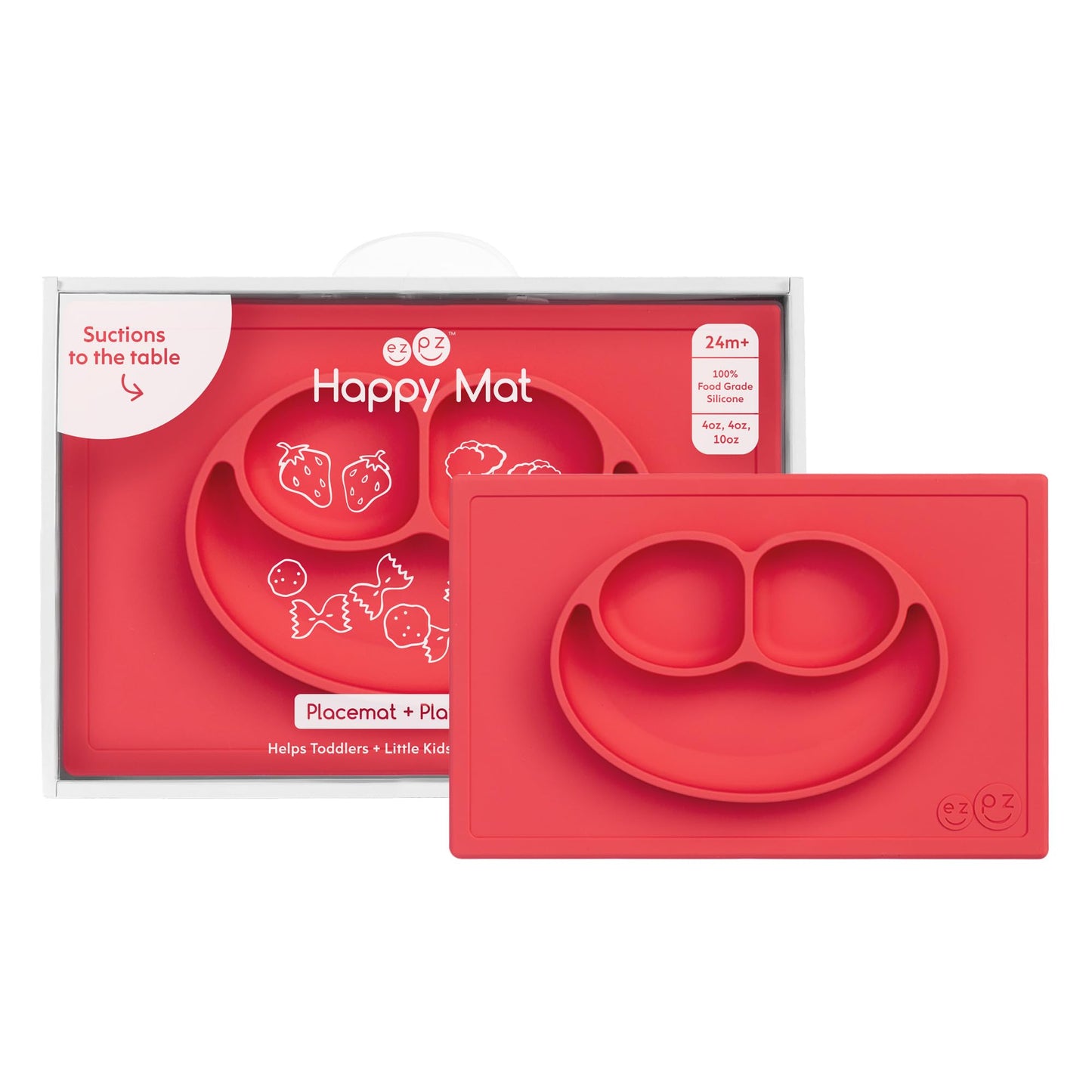 ezpz Happy Mat (Coral) - 24 Months+ - 100% Silicone Suction Placemat + Divided Plate with Three Compartments - Toddler + Prescho