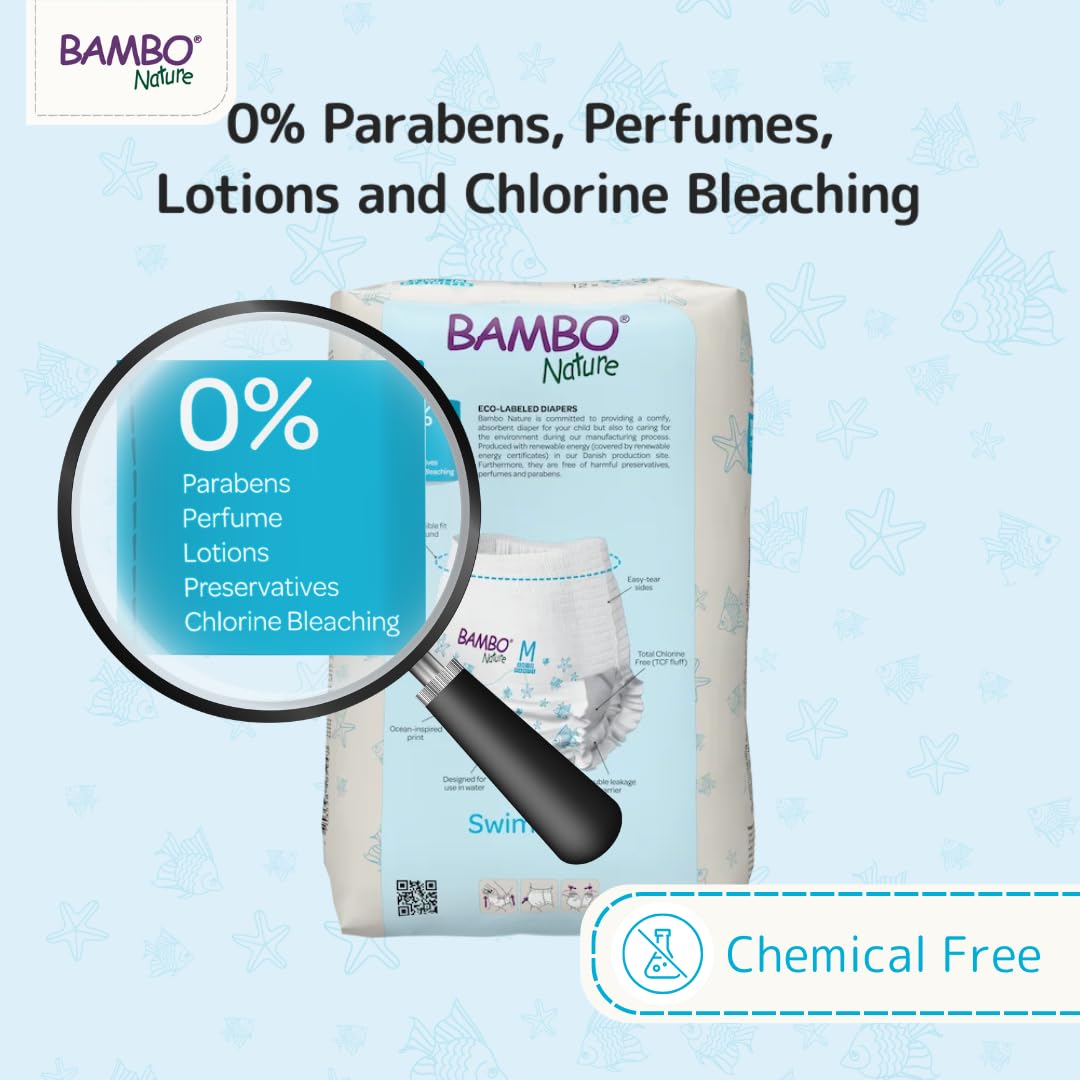 Bambo Nature Hypoallergenic Swim Pants, Eco-Labeled Swim Diapers, Double Leak Barriers - Medium (12 Count)