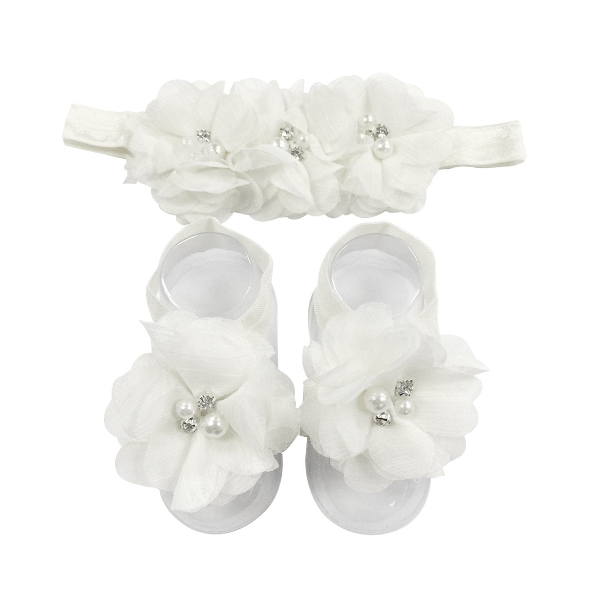 Allydrew Baby Girl Barefoot Flower Sandals & Headbands Set Chiffon Flower Baby Sandals - Princess (Set Of 4),One Size