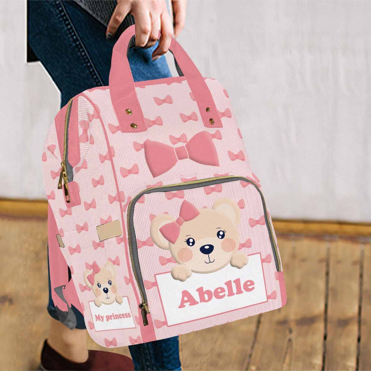 Artsadd Personalized Diaper Bag Backpack With Name, Customized Pink Bow Tie Nappy Backpack With Thermal Pockets Multifunction Sh