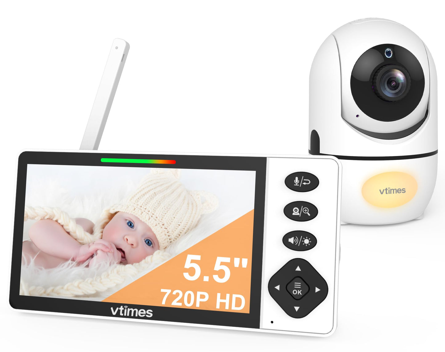 VTimes Baby Monitor with Camera and Audio, 5.5 720P HD Screen Video Baby Monitor No WiFi VOX Mode Pan-Tilt-Zoom Alarm and 1000ft